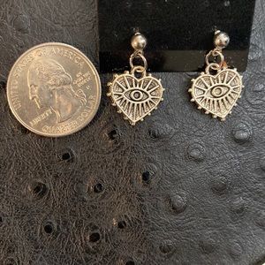 EVIL EYE HEART POST DANGLY EARRINGS IN SILVER
